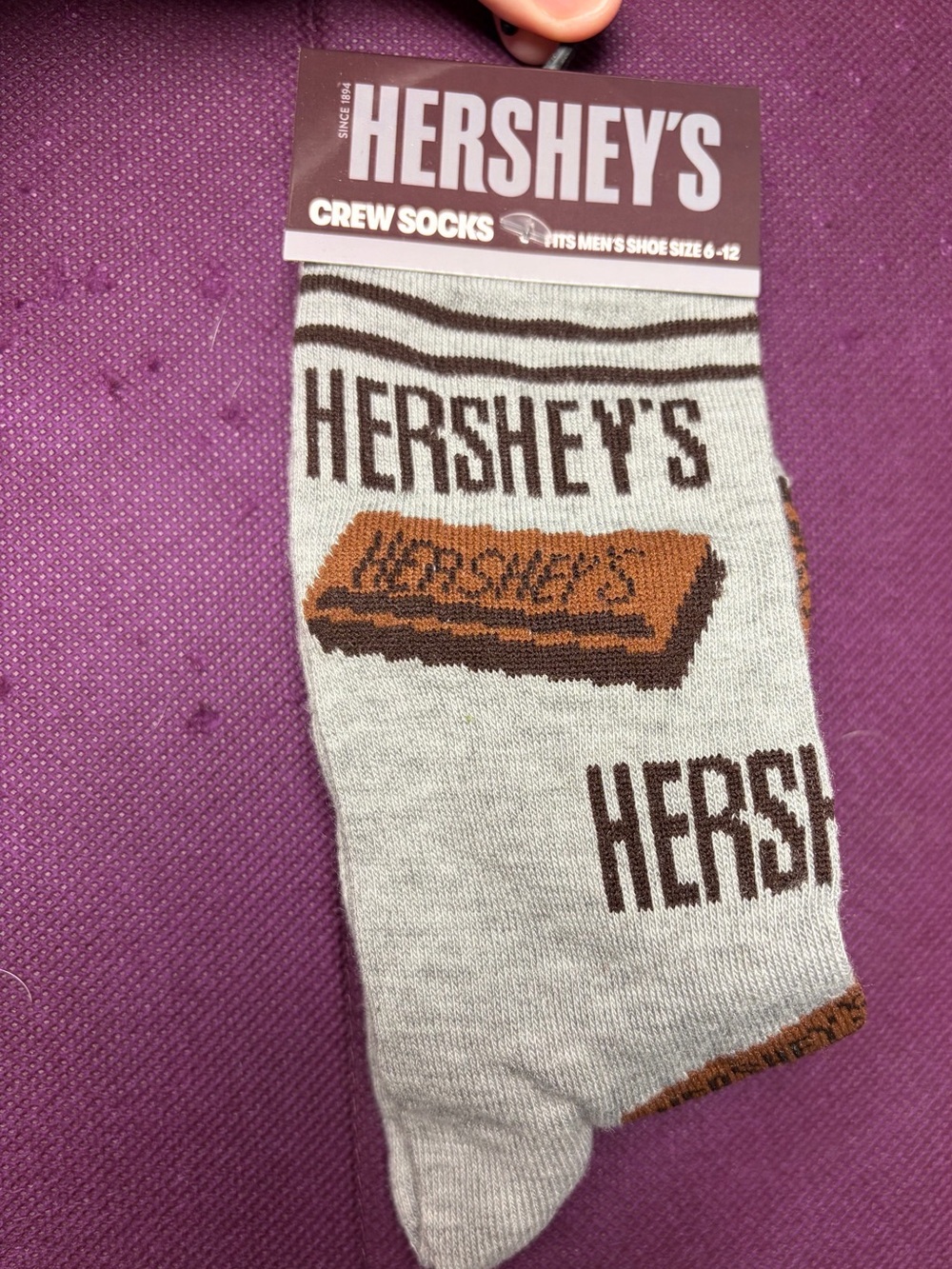 Men's Gray Crew Socks with Hershey Chocolate Bar Design